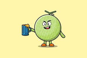 lindo personaje de dibujos animados de melón con vaso de cerveza vector