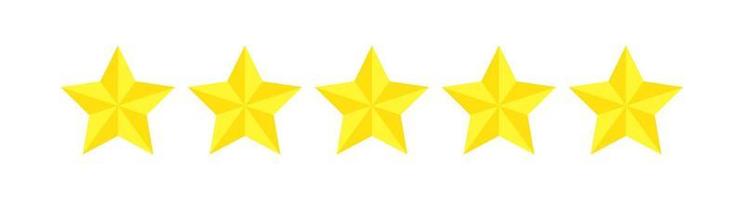 Five star rating, flat icon review for apps and websites. Yellow 5 star rank sticker isolated on a white background. For customer ratings or levels of food products, services, hotels, or restaurants.