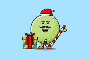 melón de dibujos animados santa claus está trayendo bastón de caramelo vector