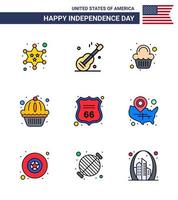 USA Independence Day Flat Filled Line Set of 9 USA Pictograms of shield cake cake states american Editable USA Day Vector Design Elements