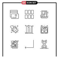 conjunto moderno de 9 contornos y símbolos, como elementos de diseño de vectores editables de bomberos adjuntos de ventana de interfaz de usuario