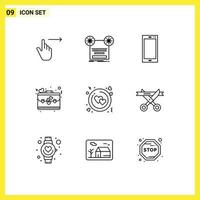 Pictogram Set of 9 Simple Outlines of day bag tape iphone mobile Editable Vector Design Elements