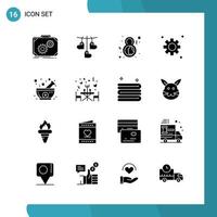 Vector Pack of 16 Glyph Symbols Solid Style Icon Set on White Background for Web and Mobile