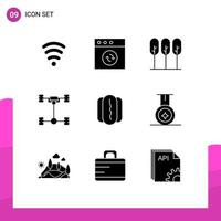 Pack of 9 Modern Solid Glyphs Signs and Symbols for Web Print Media such as medal hotdog tree food chassis Editable Vector Design Elements