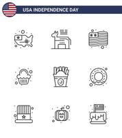 Set of 9 Modern Lines pack on USA Independence Day food frise country celebration party Editable USA Day Vector Design Elements