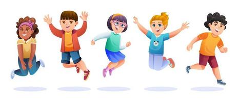 Happy children jumping together cartoon illustration