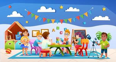 Cheerful kids playing together in kindergarten classroom vector illustration