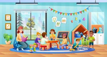 Teacher and kids activity in kindergarten classroom vector illustration