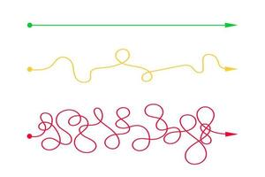 Líneas caóticas rectas y curvas desde el principio hasta el final. expectativa y realidad, concepto de manera fácil y difícil. diferentes planes o símbolos de escenarios de vida vector