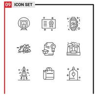 Mobile Interface Outline Set of 9 Pictograms of mountain hill diploma nature watch Editable Vector Design Elements