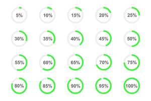 barras de carga redondas con números de porcentaje divididos en segmentos del 1 al 20. conjunto de símbolos de progreso, espera o descarga. elementos de animación infográficos para la interfaz del sitio web vector