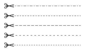 conjunto de iconos de tijeras con líneas punteadas. corte aquí el pictograma para cupones, vales, etiquetas, páginas de papel vector