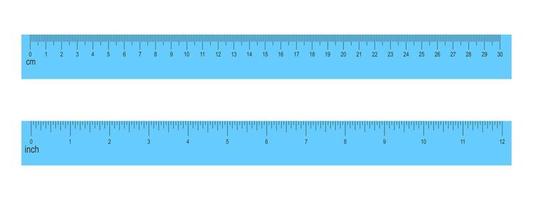 Reglas azules de 30 centímetros y 12 pulgadas aisladas sobre fondo blanco. herramienta matemática o geométrica para la medición de distancia, altura o longitud con marcado y números vector