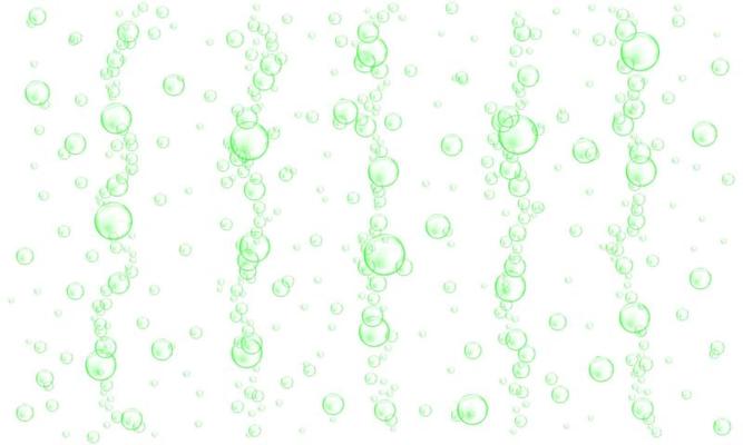 Green underwater bubbles isolated on white background. Fizzy carbonated drink, soap suds, shampoo or cleanser foam