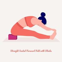 pliegue recto sentado hacia adelante con pose de yoga de bloques. mujer joven practicando ejercicio de yoga. mujer entrenamiento fitness, aeróbicos y ejercicios. vector