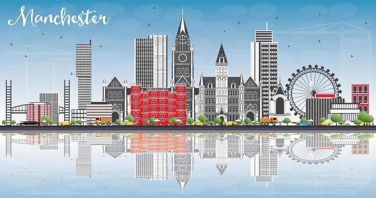 Manchester Skyline with Gray Buildings, Blue Sky and Reflections.