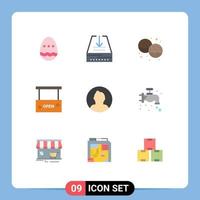 9 User Interface Flat Color Pack of modern Signs and Symbols of salon open bakery board food Editable Vector Design Elements