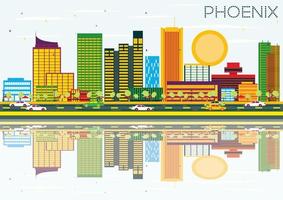 Phoenix Skyline with Color Buildings, Blue Sky and Reflection. vector