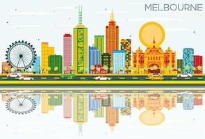 Melbourne Skyline with Color Buildings, Blue Sky and Reflections. vector