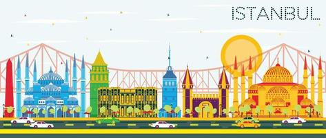 Istanbul Skyline with Color Landmarks and Blue Sky. vector