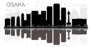 silueta en blanco y negro del horizonte de la ciudad de osaka con reflejos. vector