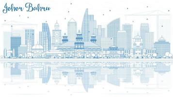 Outline Johor Bahru Malaysia Skyline with Blue Buildings and Reflections. vector