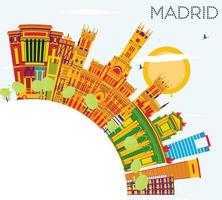 horizonte de madrid con edificios de color, cielo azul y espacio de copia. vector