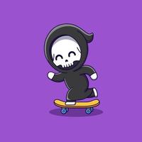 cute grim reaper playing skateboard cartoon vector