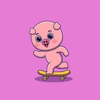 cute pig playing skateboard cartoon vector