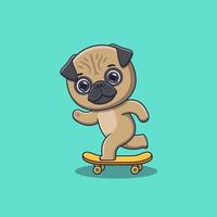 lindo, perro pug, juego, patineta, caricatura vector