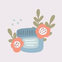 Cute jars of natural Organic Cosmetic. Herbal skincare products with flowers and leaves. Eco friendly concept vector