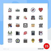 Pack of 25 Modern Filled line Flat Colors Signs and Symbols for Web Print Media such as heart environment movie ecology map Editable Vector Design Elements