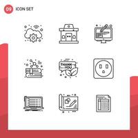 Mobile Interface Outline Set of 9 Pictograms of gift box molecule design tools education book Editable Vector Design Elements