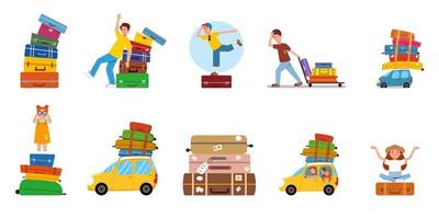 A set of flat vector illustrations on the theme of travel. A big pile of suitcases.