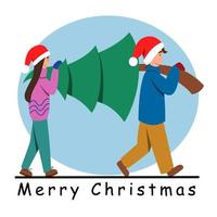 A young couple carrying a Christmas tree together. A happy man and woman are preparing for the celebration of the New Year. vector