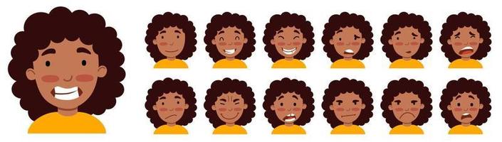 un conjunto de emociones femeninas. una niña afroamericana es un avatar. vector