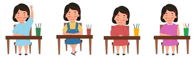 A set of illustrations with a student sitting at a classroom desk. The Asian girl at the table raised her hand. vector