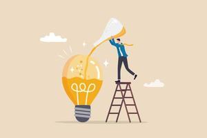 Experimentation, research or test new idea, discover success solution or experiment new business idea, innovative or invention concept, businessman with flask mixing experiment light bulb idea. vector