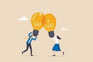 Combine idea, synergy or collaborate to get solution, brainstorm, teamwork or think together to develop great idea concept, businessman, businesswoman join or combine lightbulb idea for best result. vector