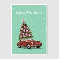 Merry Christmas illustration on blue background. Christmas Postcard with red car and Chrisrmas tree