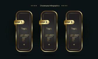 Dark and gold of three infographic buttons vector design, 3 premium option of work plans concepts, and golden stoke of buttons design.