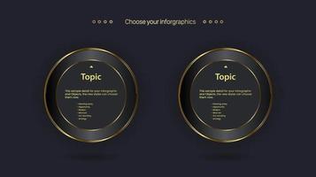 group of two infographic banners, buttons, workflow, levels concept, infographiic gold and Premium style of dark infographic on a dark background. vector