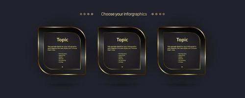 Groups of golden and premium banners, buttons, box and lgold stoke in dark shapes with texts on dark background design. vector