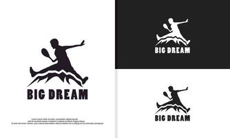 logo illustration vector graphic of boy jumps over the high mountain which shows he has conquered the obstacles.