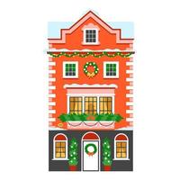 Beautiful Christmas house with garlands. European facade in winter with snow and decor. New Year's House vector
