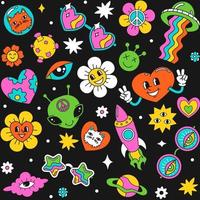 Seamless pattern with a hippie-style doodle. Retro bright with hearts and rainbow. Print for fabric, paper vector