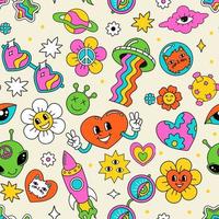 Seamless pattern with a hippie-style doodle. Retro bright with hearts and rainbow. Print for fabric, paper vector