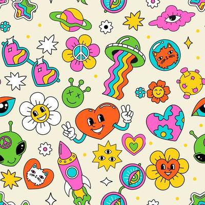 Seamless pattern with a hippie-style doodle. Retro bright with hearts and rainbow. Print for fabric, paper