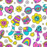 Seamless pattern with a hippie-style doodle. Retro, bright, acidic and hallucinogenic. Print for fabric, paper vector