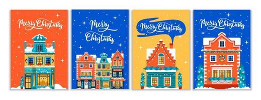 A set of bright Christmas cards. Winter colored houses with decor. Lettering Merry Christmas vector